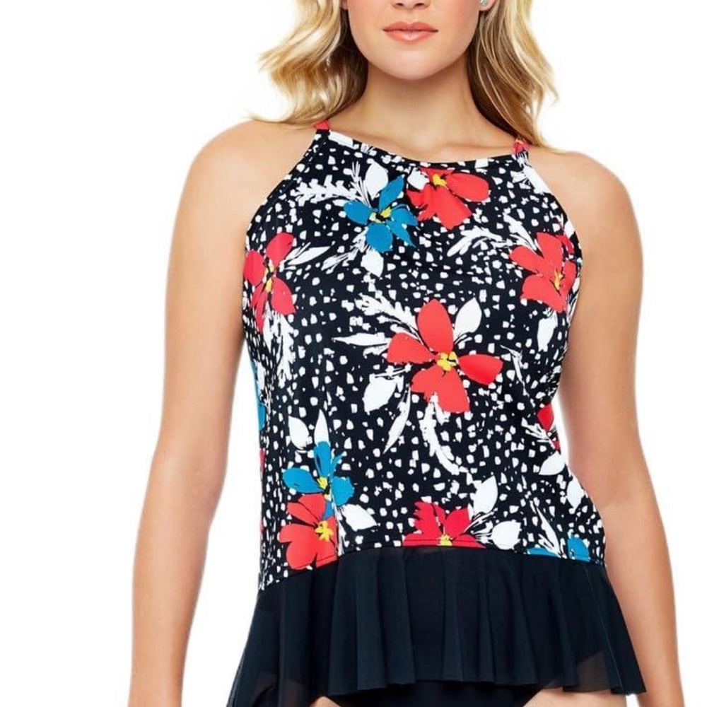 Swim Solutions Women's floral High-Neck Mesh-Hem Tankini swim top plus size 16